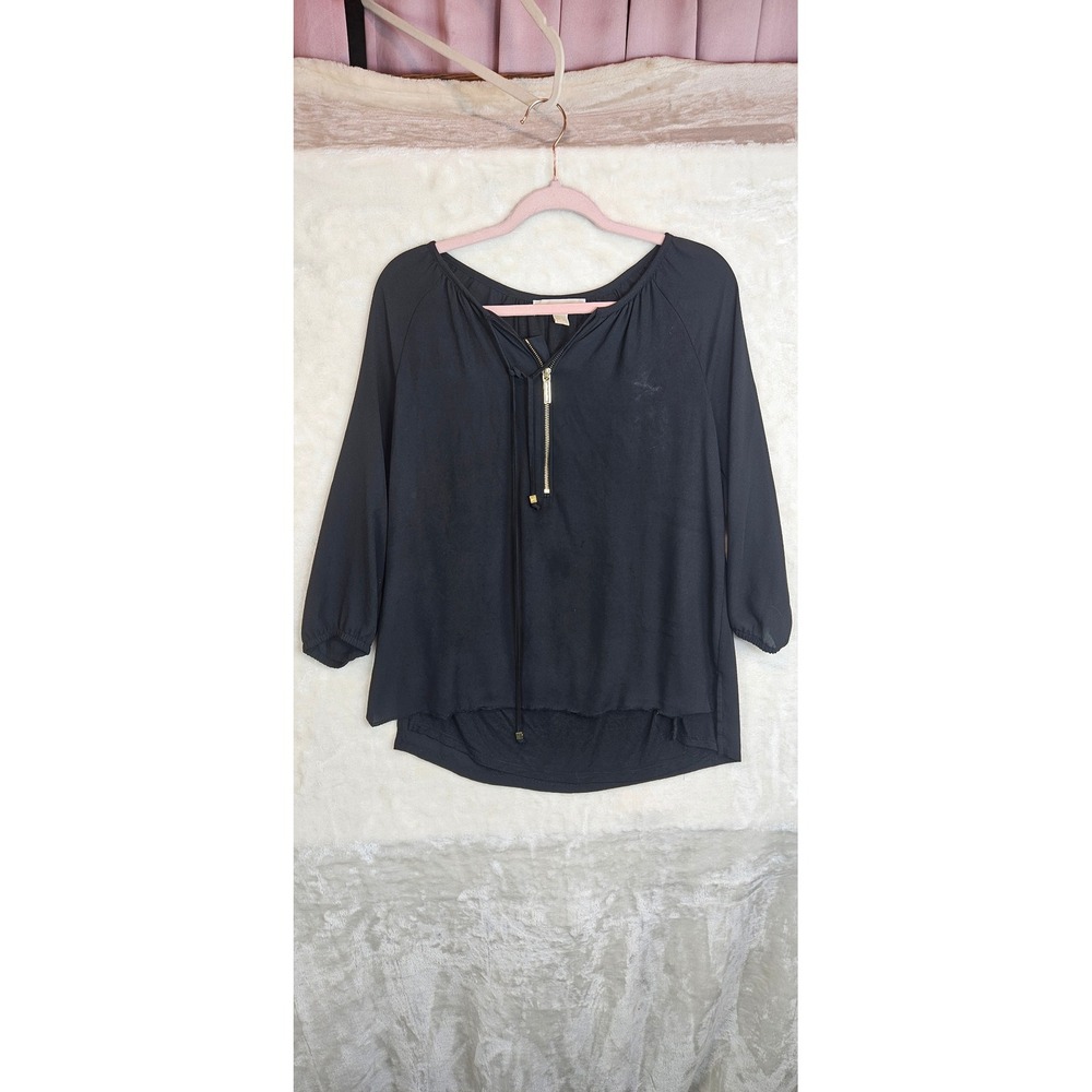 Michael Kors Black Gold Zip Neck Blouse 3/4 Sleeve High Low Top Small